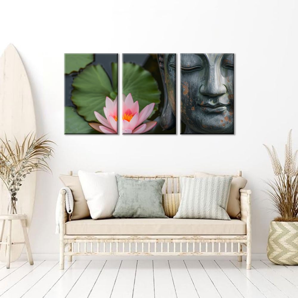 3Pcs Zen Buddha Canvas Wall Art Lotus Flower Meditation Framed Canvas Print Peaceful Asian Decor for Bedroom Living Room Spa Yoga Pink Oriental Artwork Water Lily Wall Art Ready to Hang (16"L x 24"W / 3PCS-Zen Buddha)