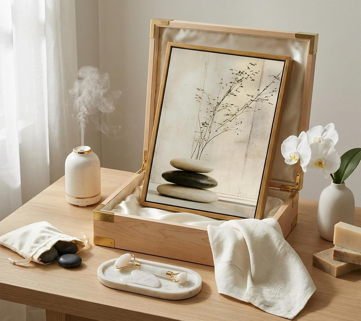 Floating Framed Zen Stone Canvas Wall Art Print (Stones and branches / 36L"x24W")