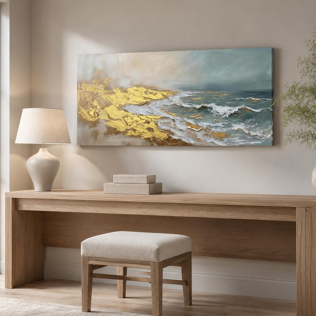 Abstract Blue & Gold Ocean Canvas Wall Art for Living Room 40"x20" (Gold Beach / 40"L x 20"W)