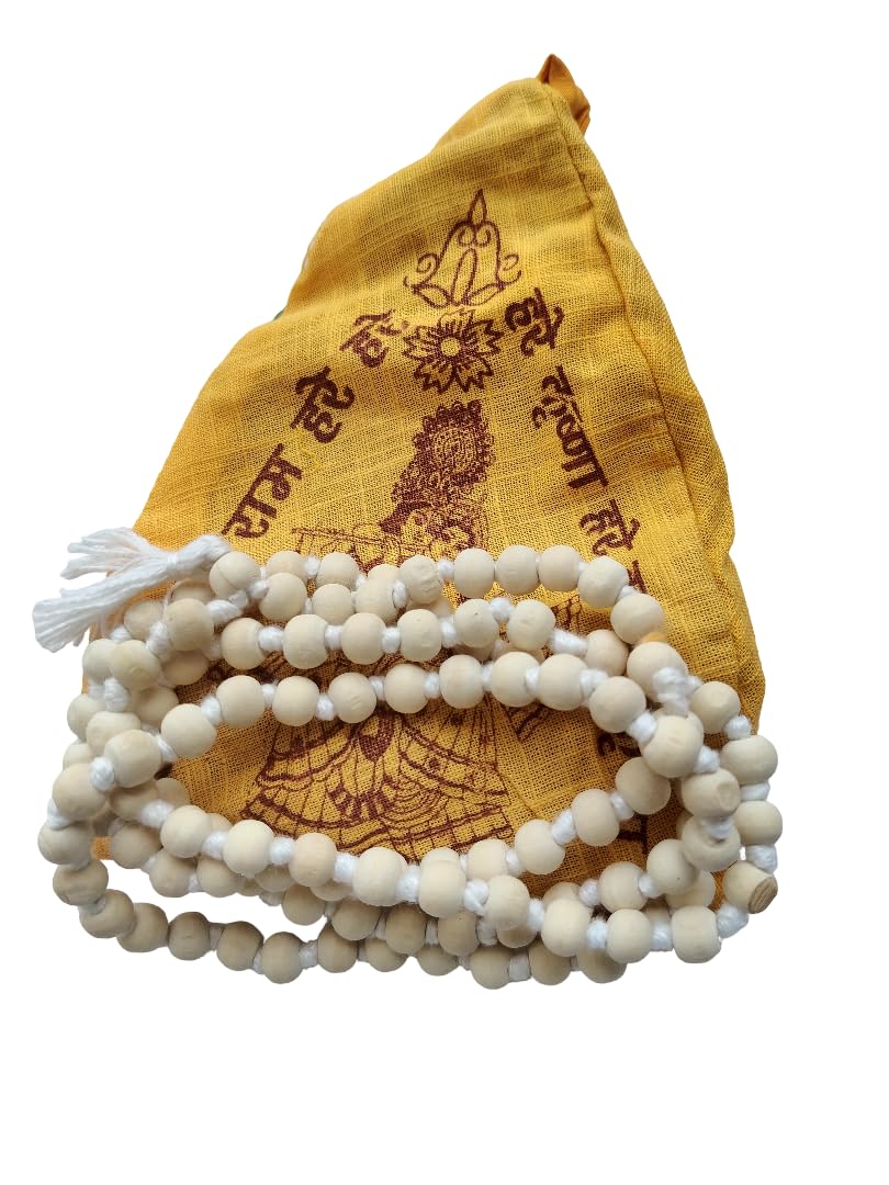 Tulsi Mala 108 Beads for Neck with Gaumukhi Jap Mala Bag for Pooja Worship (White Tulsi Mala 8 MM)