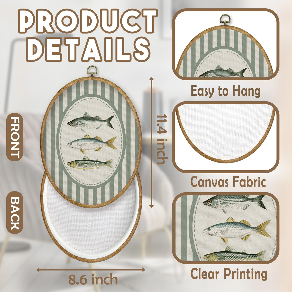 Vintage Coastal Beach Fish Oval Wall Art Decor (Color039)