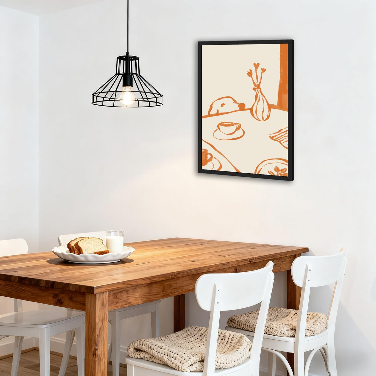 Black Framed Sneaky Dog Breakfast Wall Art Abstract Funny Scandi Diner Canvas Posters Minimalist Orange Painting Prints Animal Sketch Pictures Artwork for Kitchen Nursery Coffee Bar Decor 12x16inch (12"L x 16"W / Dog - Black Frame)