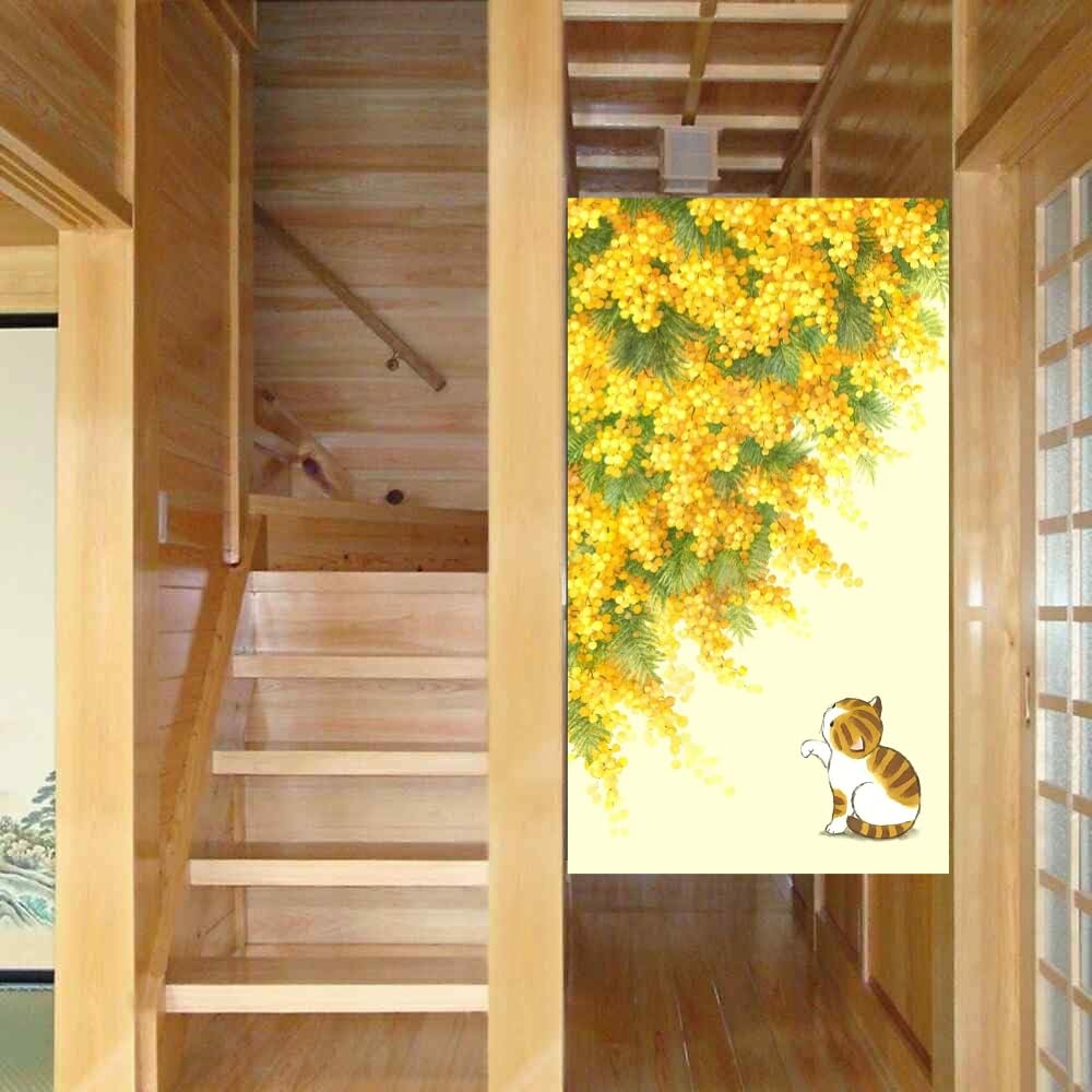 Japanese Noren Curtain Doorway Curtains 67in Long Size Traditional Room Divider for Kitchen Bedroom Pet Friendly Privacy Home Decor Mimosa and Cat (Mimosa and Cat / 33.5"W x 67"L (Pack of 1))