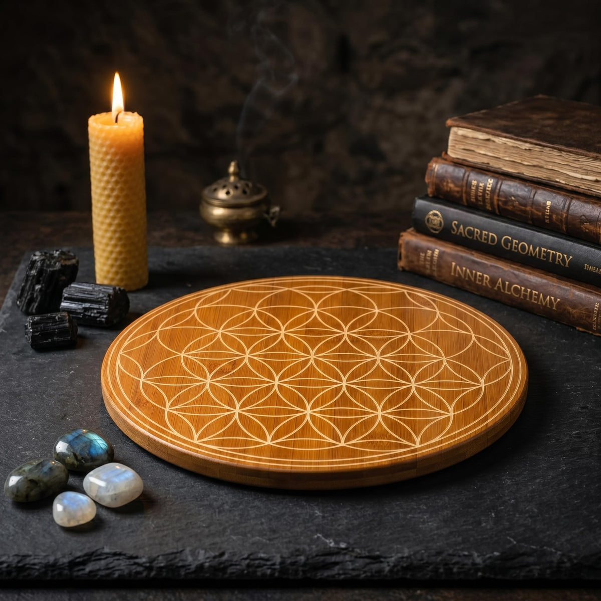 Crystal Grid Board 10" Flower of Life Bamboo Energy Charging Plate (Flower of Life)
