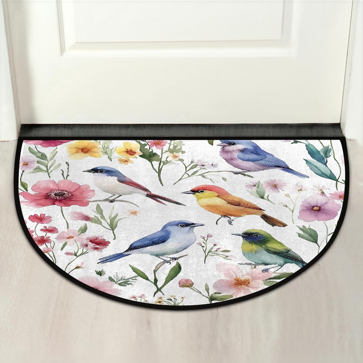 Spring Bird Flower Half Round Door Mat Indoor Entrance Low Pile Non Slip Absorbent Semi Circle Welcome Mats Doormats 36x24 in Floor Mats for Home Kitchen (Colorful Watercolor Bird Flower)