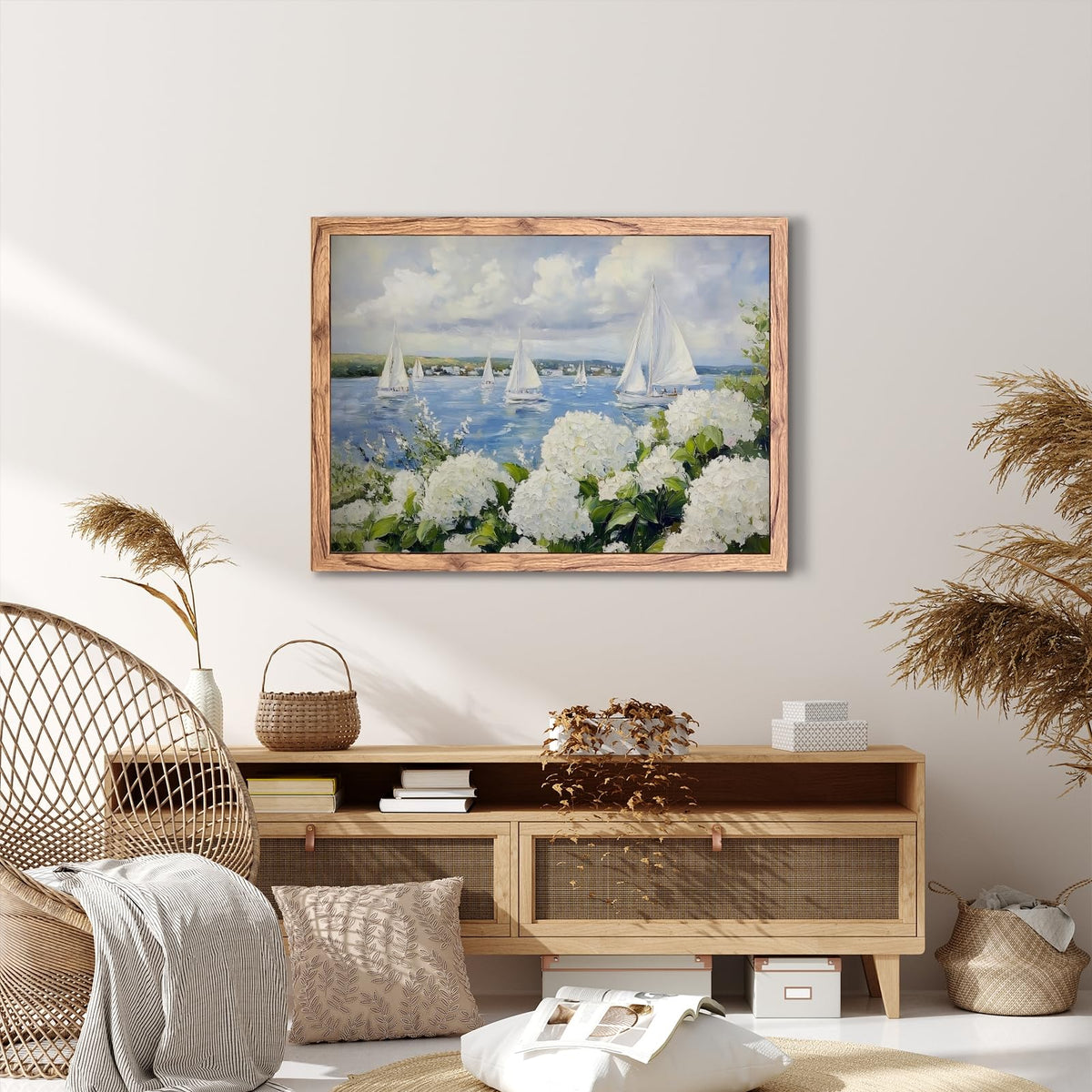 Wood Frame Coastal Wall Art Grandmillennial Preppy Sailboat Posters Nautical Floral Canvas Print Blue White Hydrangea Ocean Painting Cottagecore Wall Decor for Living Room Bedroom 8x12inch (8"L x 12"W / style-5 Wood Framed)