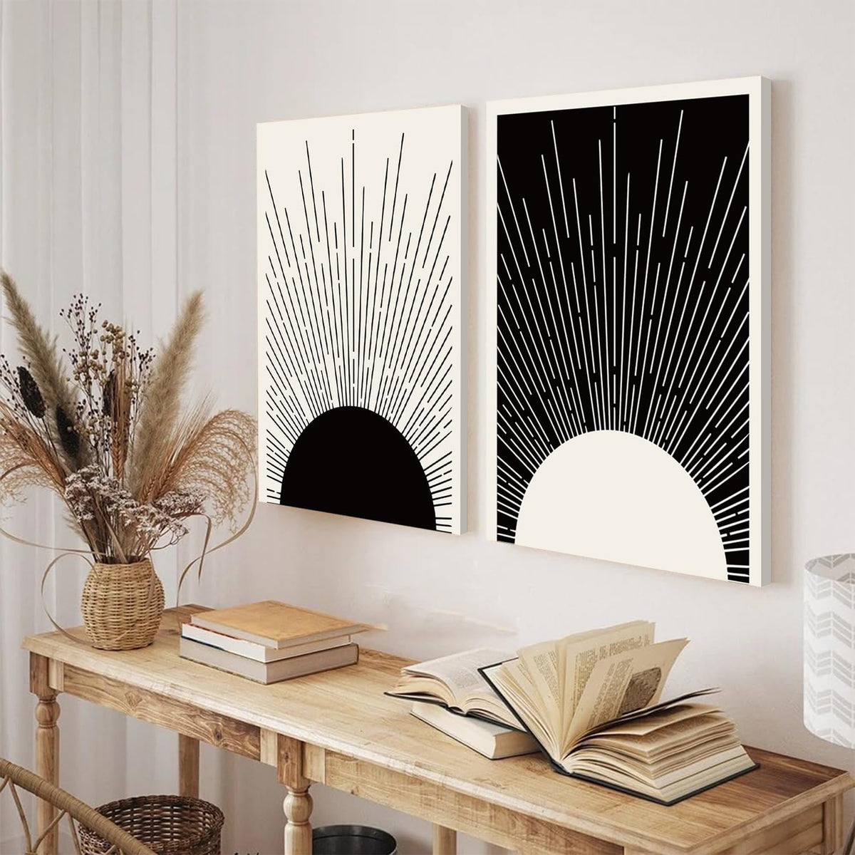 Framed Boho Sun Wall Art Set of 2 Black and White Minimalist Sunrise Canvas Prints Abstract Sunshine Painting Geometric Line Pictures Home Decor for Living Room Bedroom Bathroom 12x16in (Black / 16"L x 12"W)