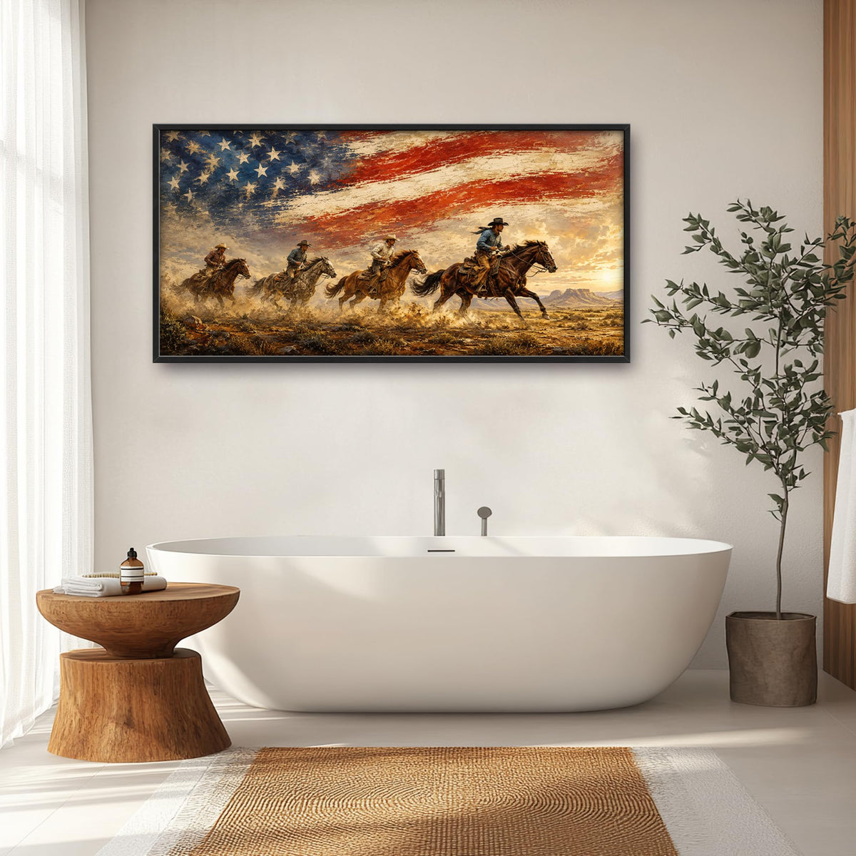 Western Cowboy Wall Art American Flag Decor Horse Pictures 60"x30" (Cowboy Flag / 60"L x 30"W)