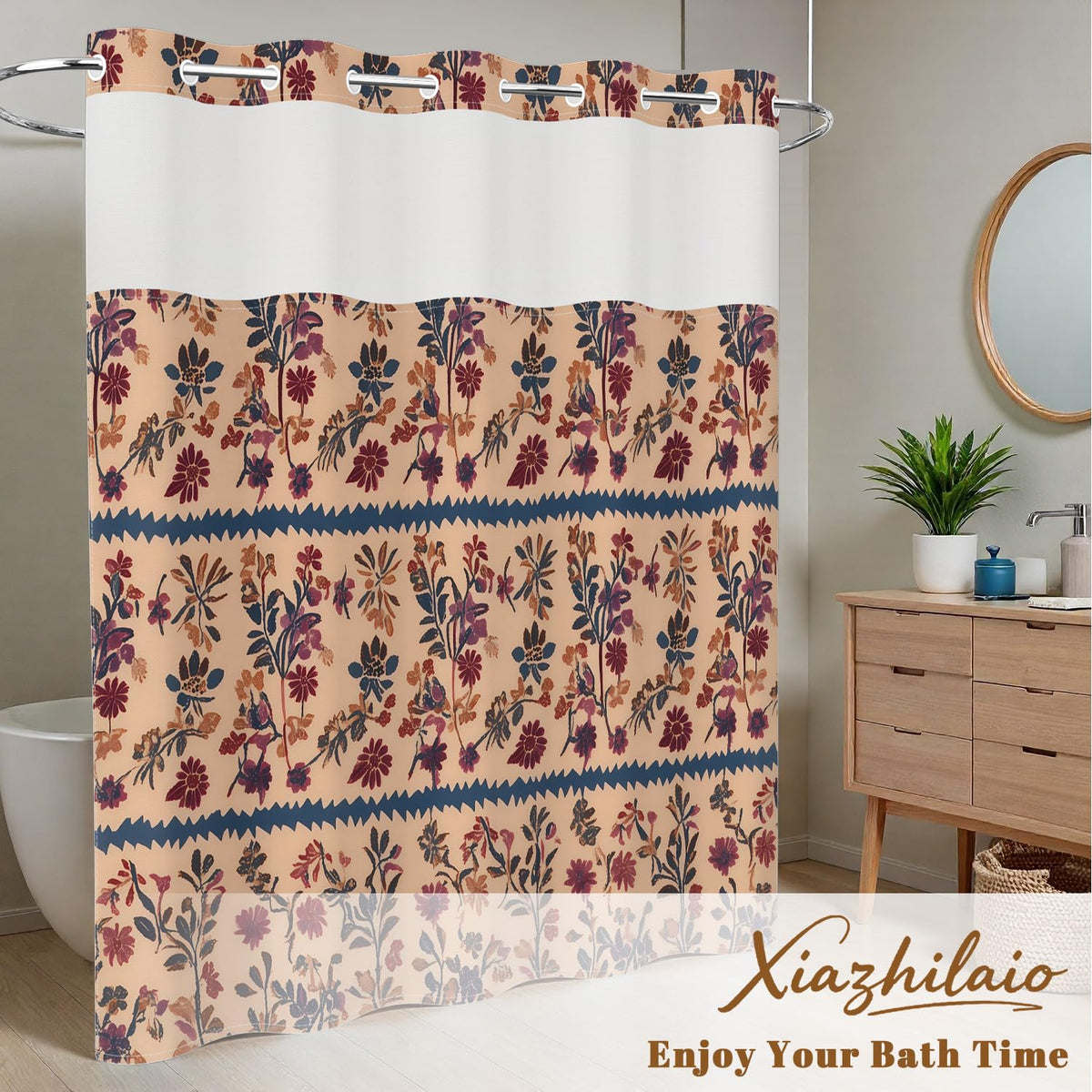 Vintage Boho Floral No Hook Shower Curtain with Snap in Liner (Boho Botanical)