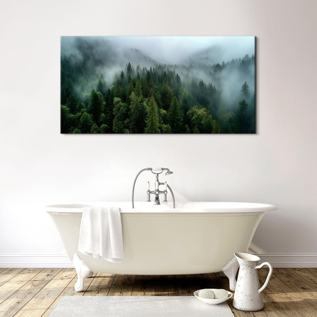 Forest Canvas Wall Art Misty Green Mountain Pine Tree Wall Decor for Living Room Vintage Nature Foggy Scenery Picture Bedroom Cloudy Landscape Prints Posters Modern Artwork Bathroom Decorations 20x40" (40"L x 20"W / Green Forest)