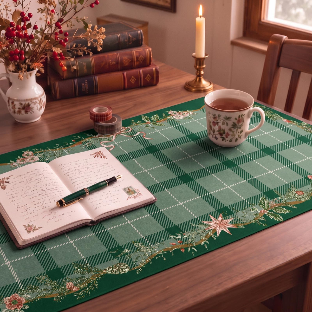 Xmas Plaid Desk Mat (Green Plaid Holly / 35.4" x 15.7")