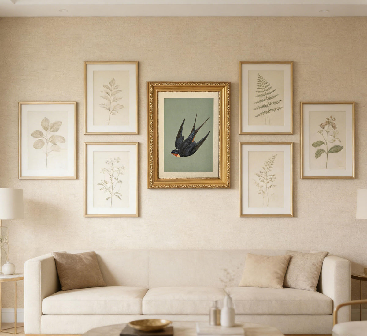 Vintage Gold Framed Swallow Wall Art (Retro Swallow Framed / 12"L x 16"W)