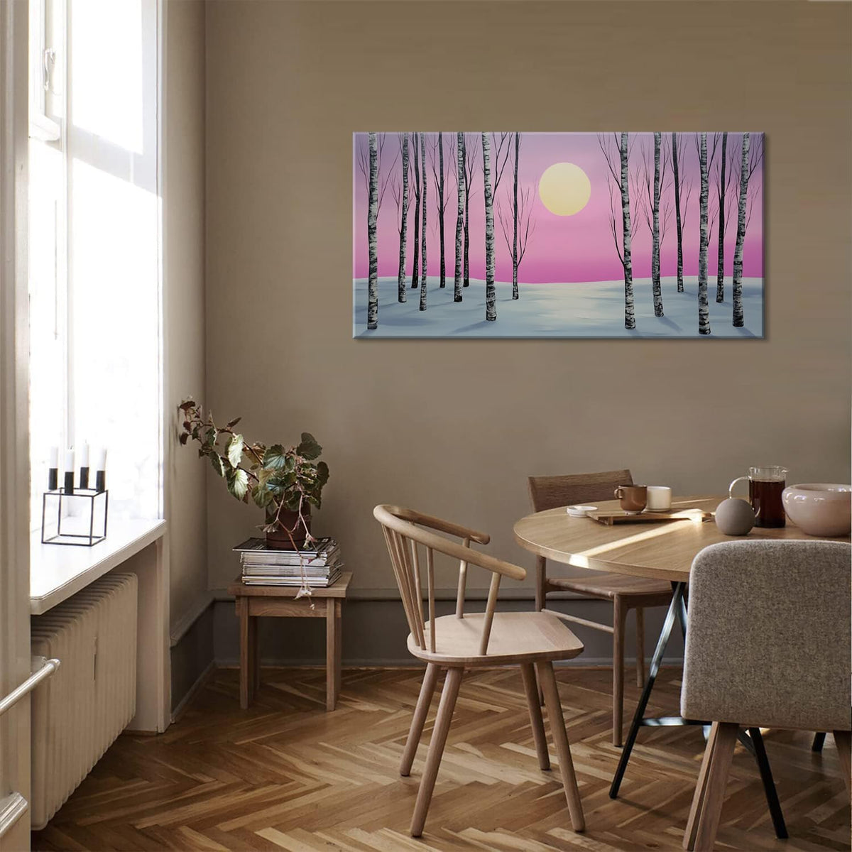 Pink Birch Forest Wall Art for Living Room Office Minimalist Landscape Moonlit Wilderness Art Painting Prints Contemporary Canvas Artwork Dining Bedroom Decor (Contemporary / Pink Gold Birch Forest Wall Art / 40"L x 20"W)