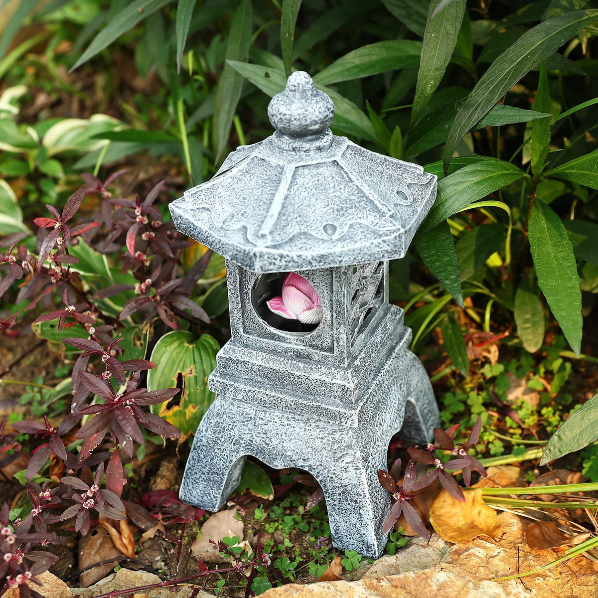 13 Inch Solar Pagoda Lantern Outdoor Statue (Style 4)