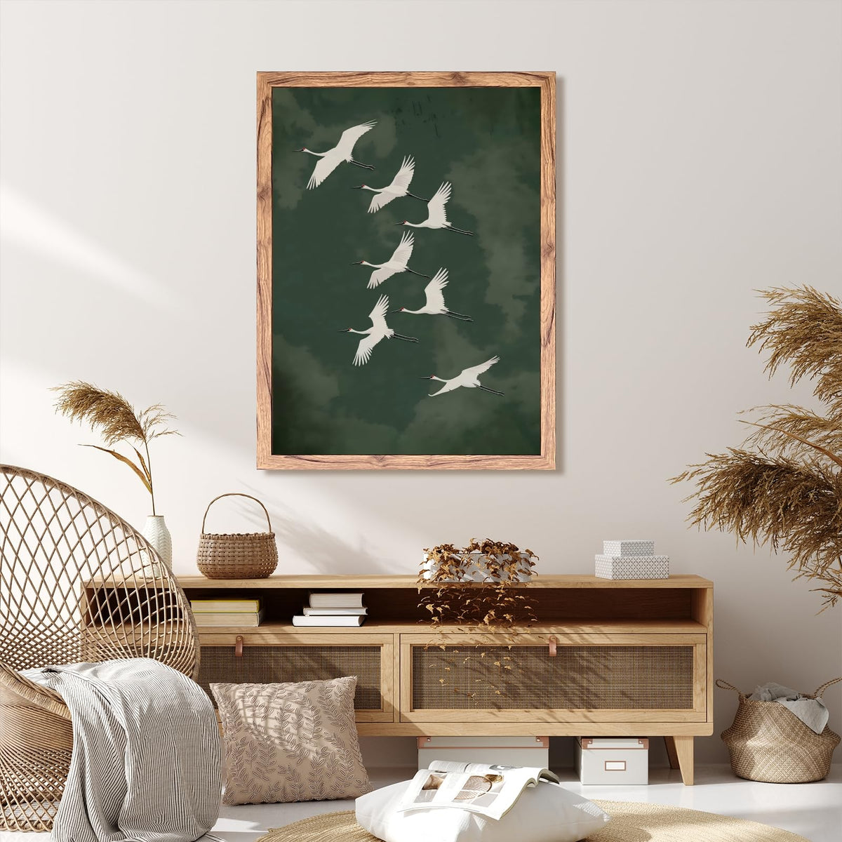 Wood Frame Japandi Wall Art Vintage Green Flying Bird Posters Elegant Japanese Cranes Zen Canvas Print Minimalist Wall Decor Painting Asian Decor Pictures for Living Room Bedroom 12x16inch (12"L x 16"W / style-3 Wood Framed)
