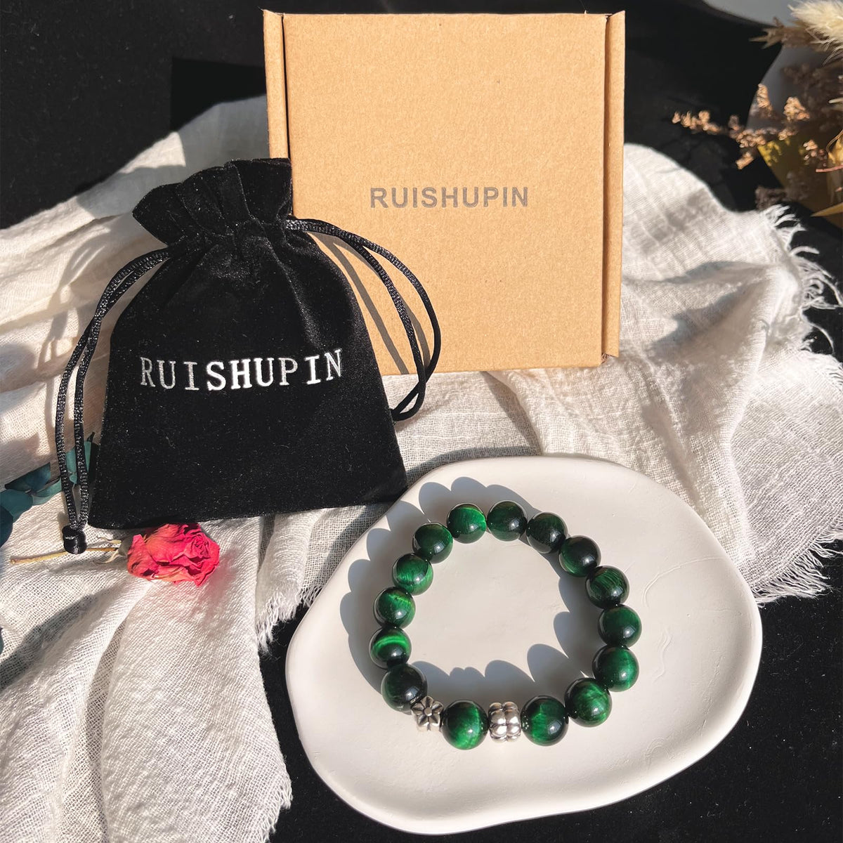 Natural obsidian bracelet (Green Tiger Eye + 925 Silver(12mm)-1 Pcs)