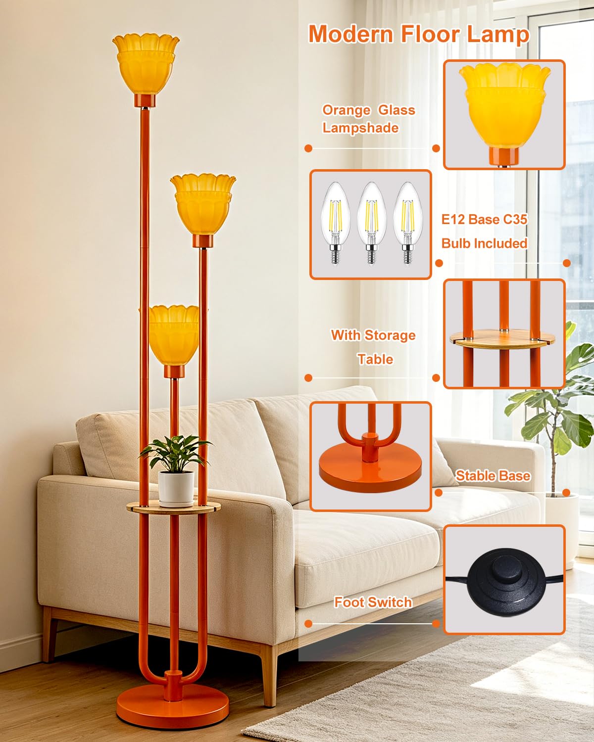 Dimmable Floor Lamps with Orange Glass Lampshade for Living Room (Orange-3UC1)
