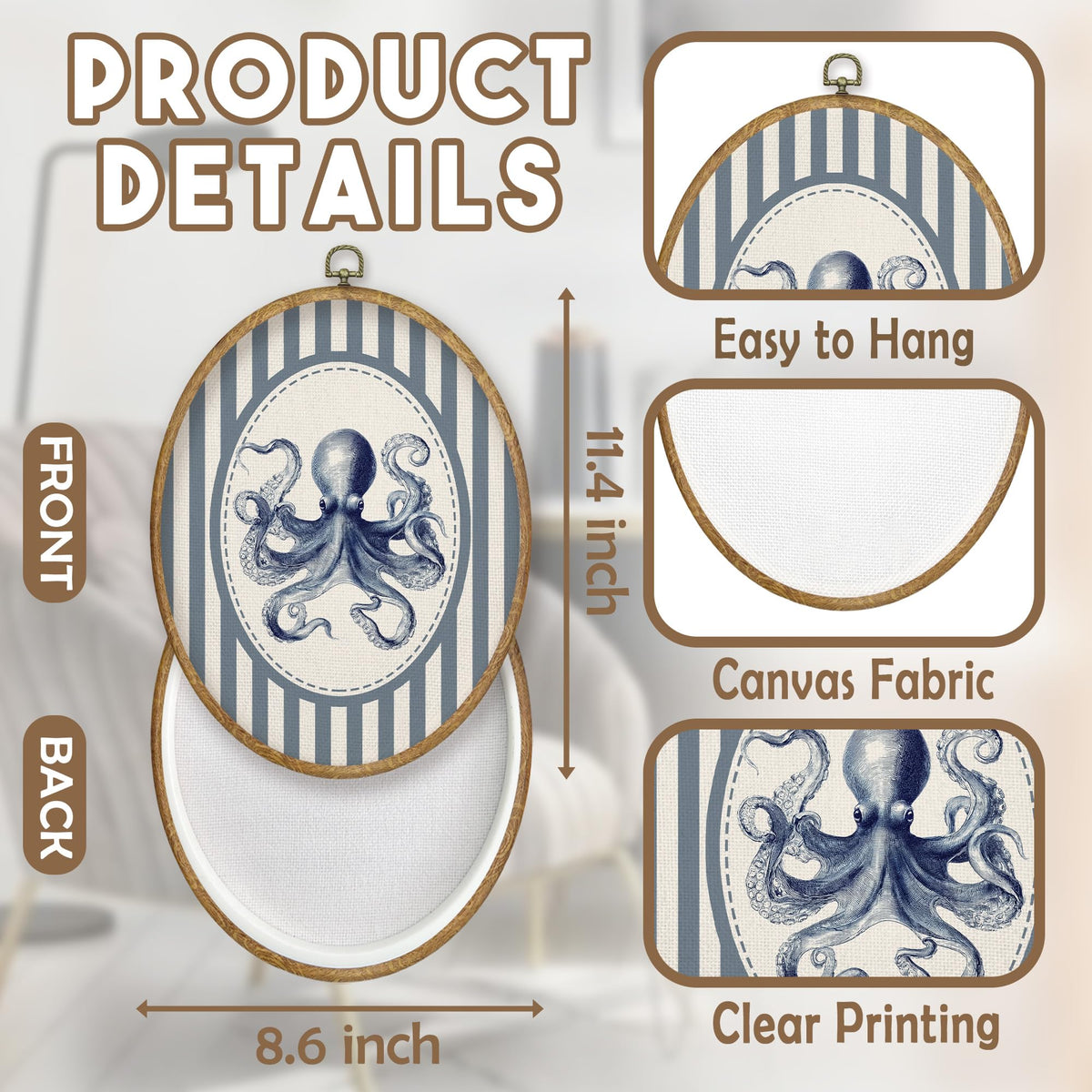 Blue Coastal Beach Octopus Oval Wall Art Decor (Color051)