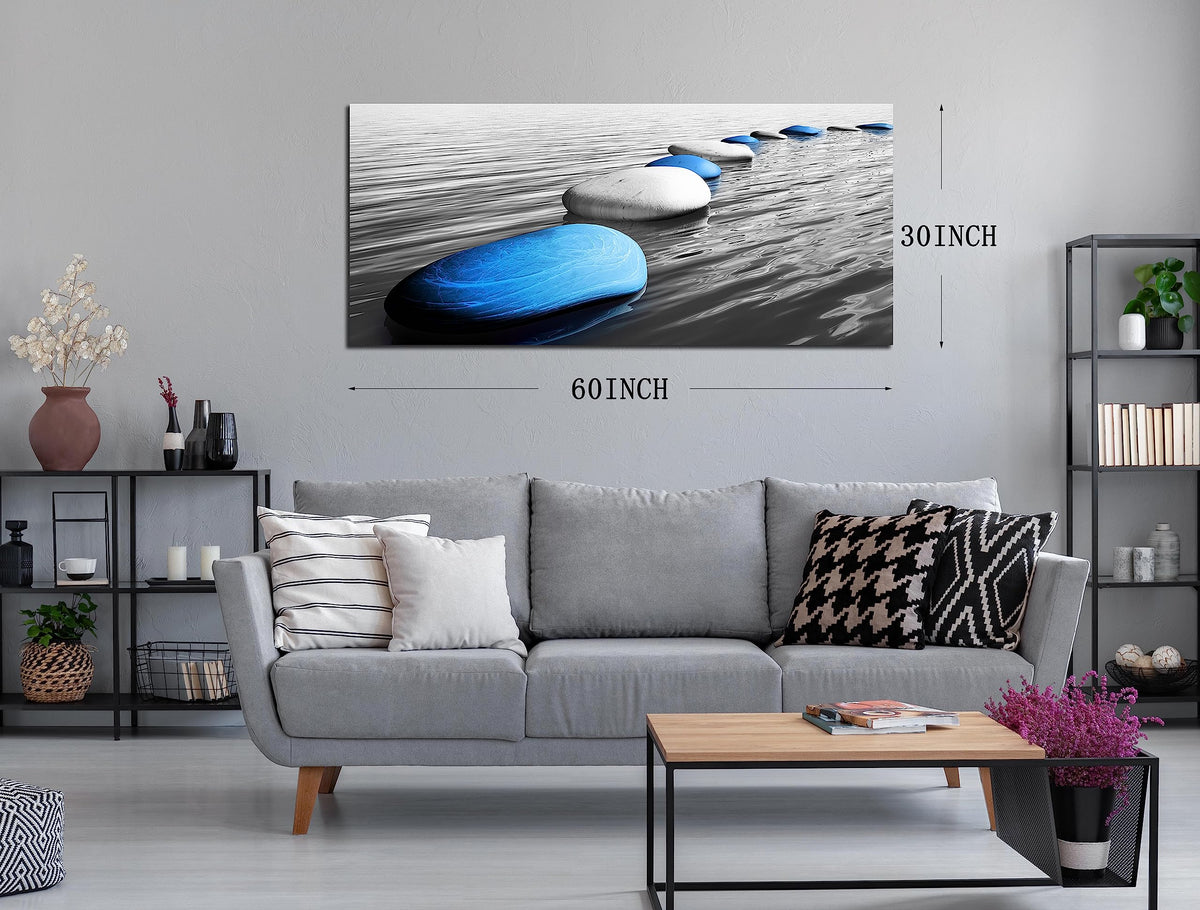 Blue Zen Stone Canvas Print Wall Art 30x60 Inch (60"L x 30"W / Blue7)