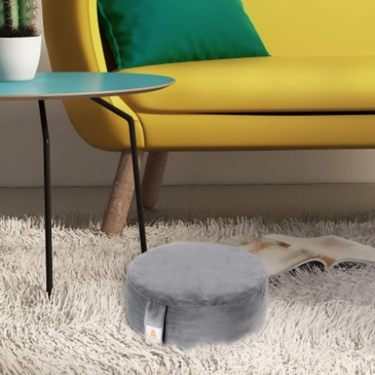 Round Velvet Meditation Pillow Embroidery D=13" (Black & Yellow)