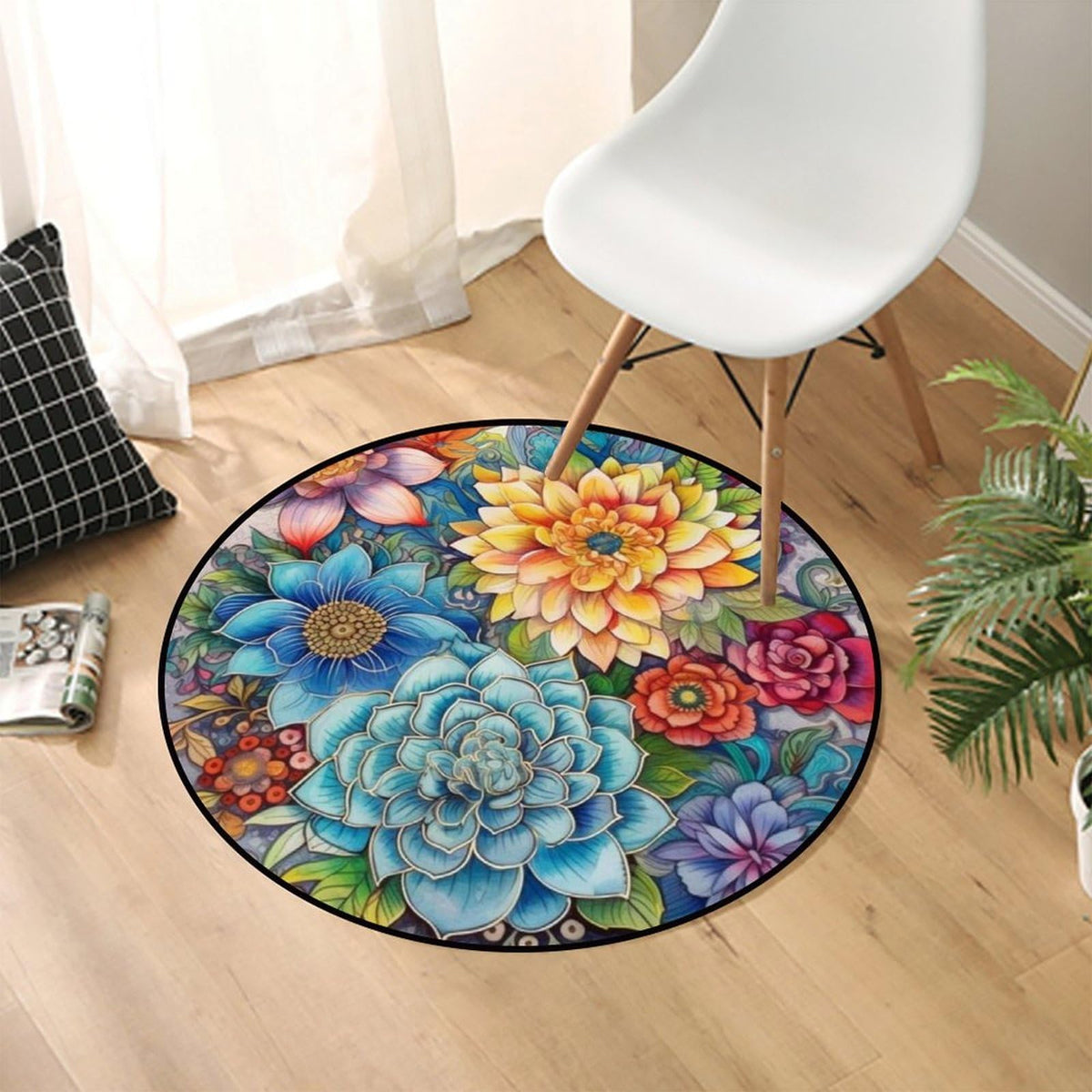 Round Area Rugs 2 FT Washable Non Slip Circle Rug (Blue Flowers / 2' (Round))
