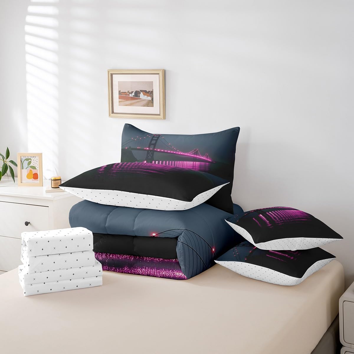 Golden Gate Bridge Comforter Set with Sheets Full Size Kids Nightscape 7 Piece Bedding Set All Season Teens City Scenery Bed in A Bag Breathable Soft Black and Purple Room Decor (Dull Black and Purple / Full)