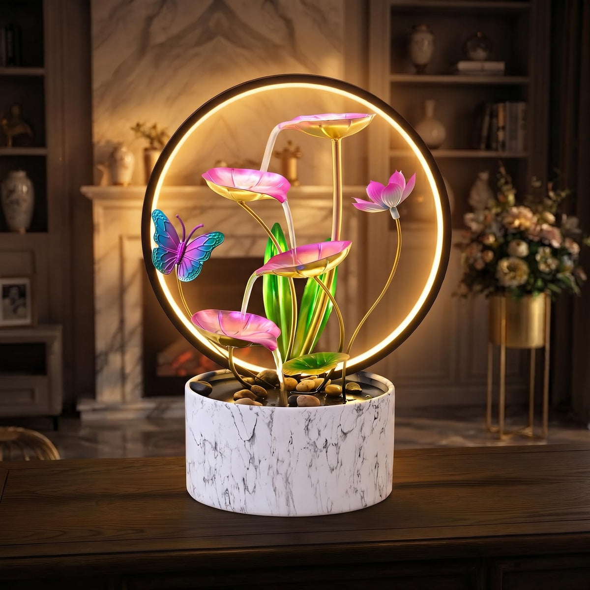 15 Inch H Tabletop Zen Water Fountain with LED Light (Pink Butterfly)