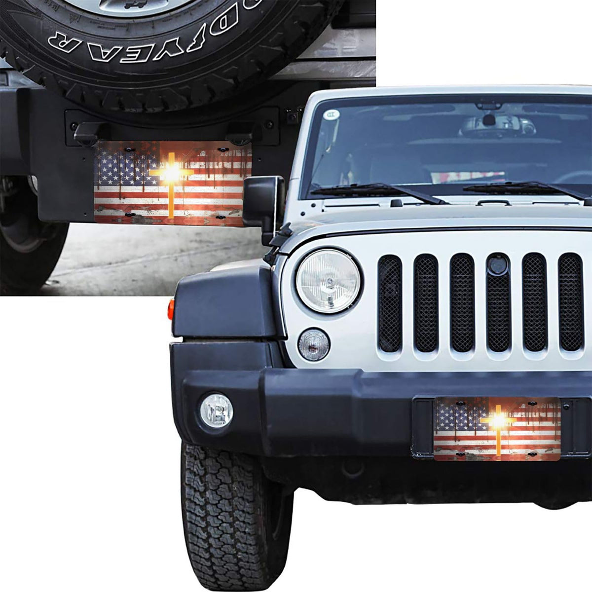Glowing Jesus Cross Red Painting American Flag Front License Plate Aluminum Decorative License Plates Metal Car Plate 6"X12" Novelty Vanity Tag Cover with 4 Holes Car Decor Accessory (Orange / 6 X 12 Inch)