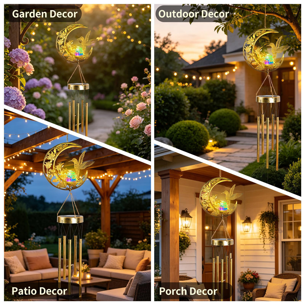 Colorful Solar Wind Chimes for Outside Gifts for Women (Colorful Hummingbird)