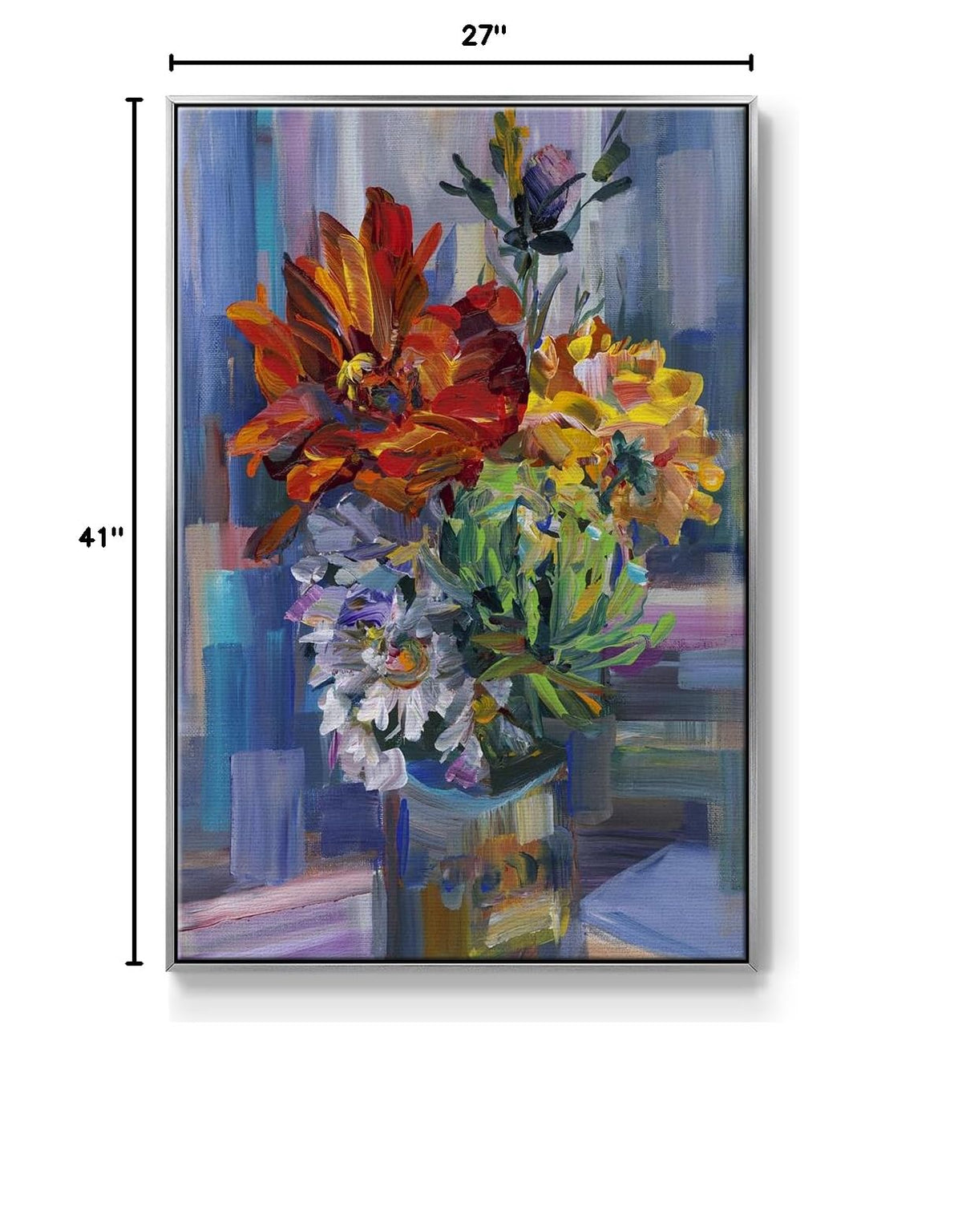 Abstract Wall Art Silver Floating Frame Paintings Multicolor Pastel Flowers in a Vase Canvas Hanging Artwork Prints for Bedroom Office Kitchen (41"L x 27"W / Modern Bouquet)