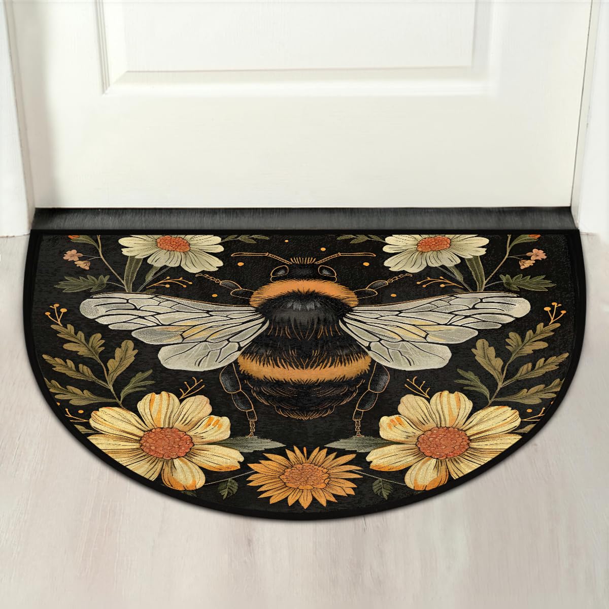 Half Round Door Mat Bee Flower Animal Non Slip Washable Semi Circle Area Rug Absorbent Soft Half Moon Rug Floor Mat for Indoor Outdoor Kitchen Bathroom Patio Front Door Mat Decor (A4)