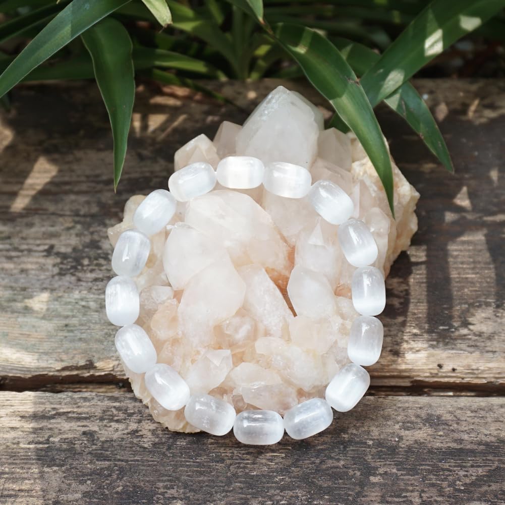 Natural Selenite Crystal Bracelet for Women Men (8x12mm White Cylinder Beads)