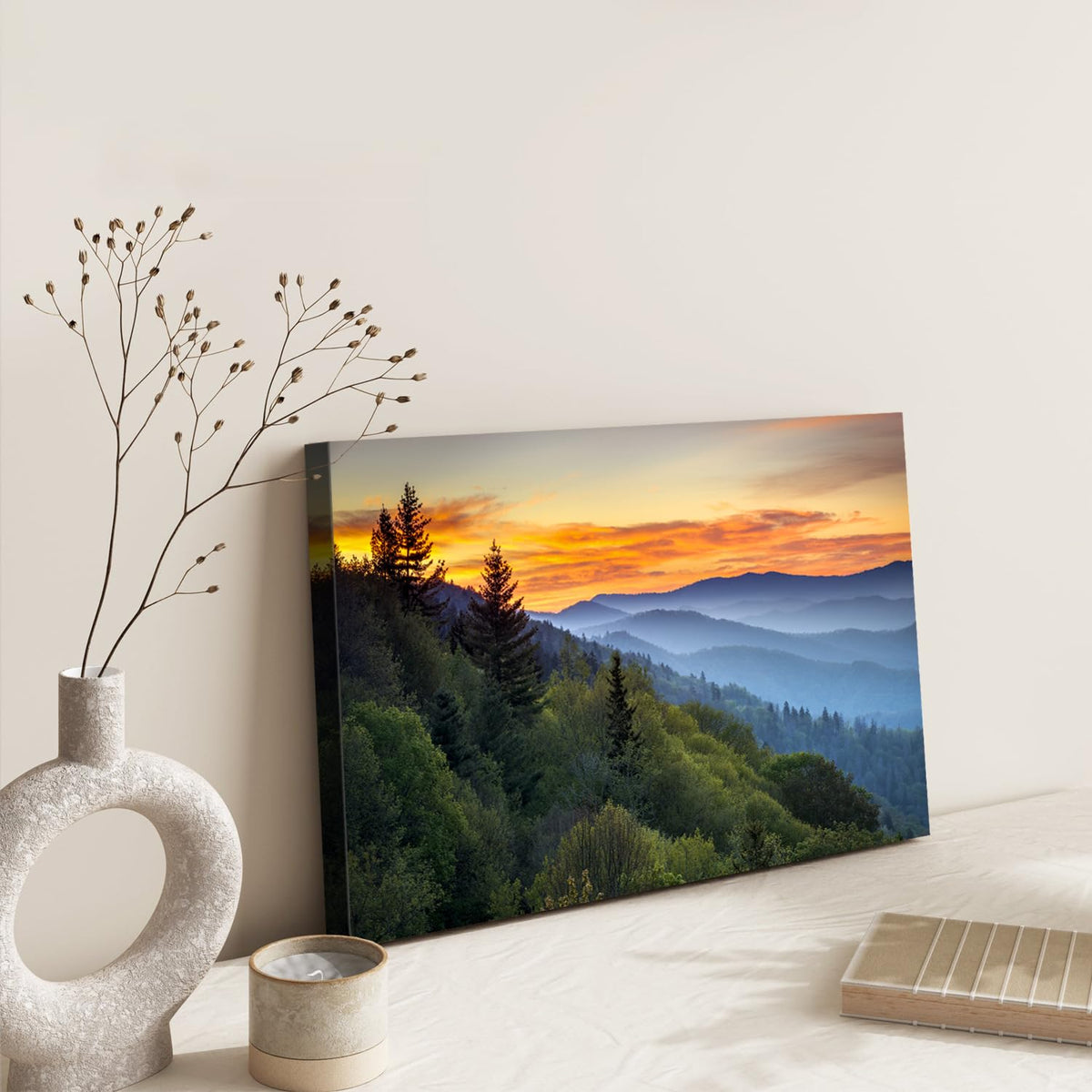 Great Smoky Mountains Wall Art Blue Ridge Mountain Sunset Landscape Canvas Print National Park Nature Forest North Carolina Scenery Artwork for Living Room Bedroom Office Home Decorations Framed 12x16 (16"L x 12"W / Great Smoky Mountain)