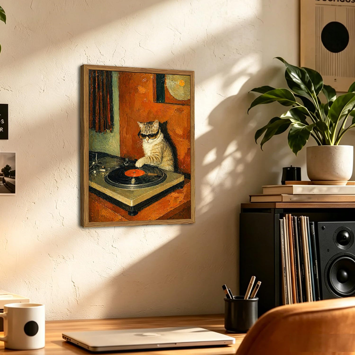 Framed Vintage DJ Cat Wall Art (Cool Cat / 10"L x 8"W)