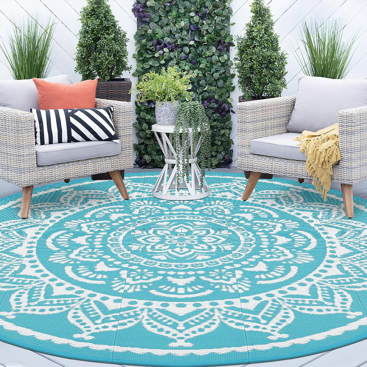 Waterproof Outdoor Rug 6ft Round Reversible Boho Plastic Straw Patio Deck Camping Rugs (Flower Teal / 6' (Round))