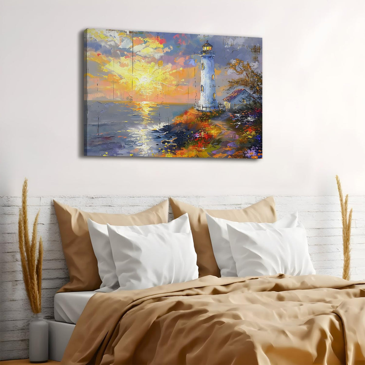 Large Sunset Coastal Wall Art Lighthouse Canvas Prints Picture Ocean Landscape Wall Decor Abstract Beach Painting Seascape Poster Modern Nature Artwork Kitchen Living Room Home Decoration 32x48" (48"L x 32"W / Lighthouse)