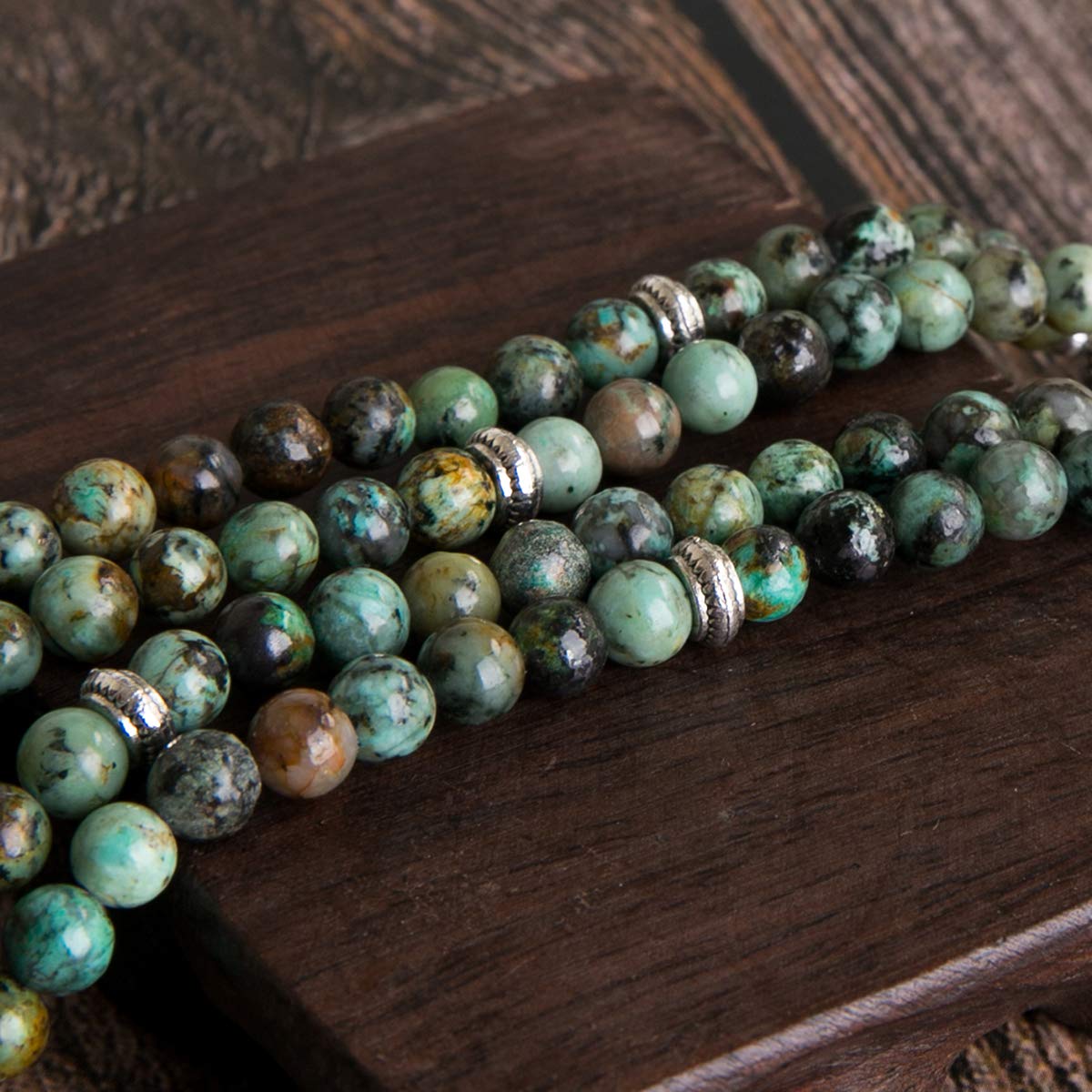 108 Mala Beads Necklace Beaded Wrap Bracelets Genuine Gemstone Mala Prayer Beads Lotus Charm Yoga Meditation Necklace (African Turquoise-Lotus OM-Buddha)