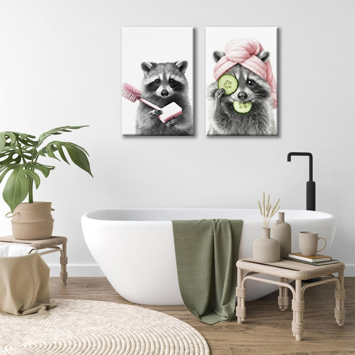 Funny Raccoon Bathroom Wall Art Black White Pink Animal Canvas Prints (Raccoon / 16"L x 12"W)