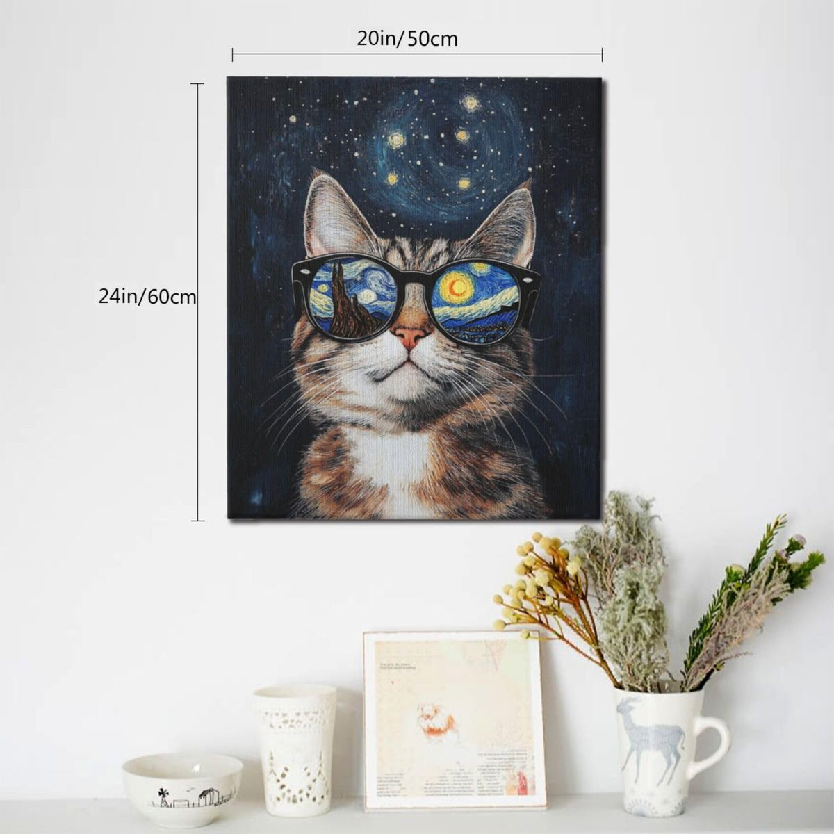 Funny Cat Wall Art Cute Cat Bathroom Canvas Wall Decor Starry Night Glasses Pictures Paintings Prints Artwork Framed Decorations For Bedroom Living Room Gifts 20" x 24" (Vangogh Cat / 24"L x 20"W)