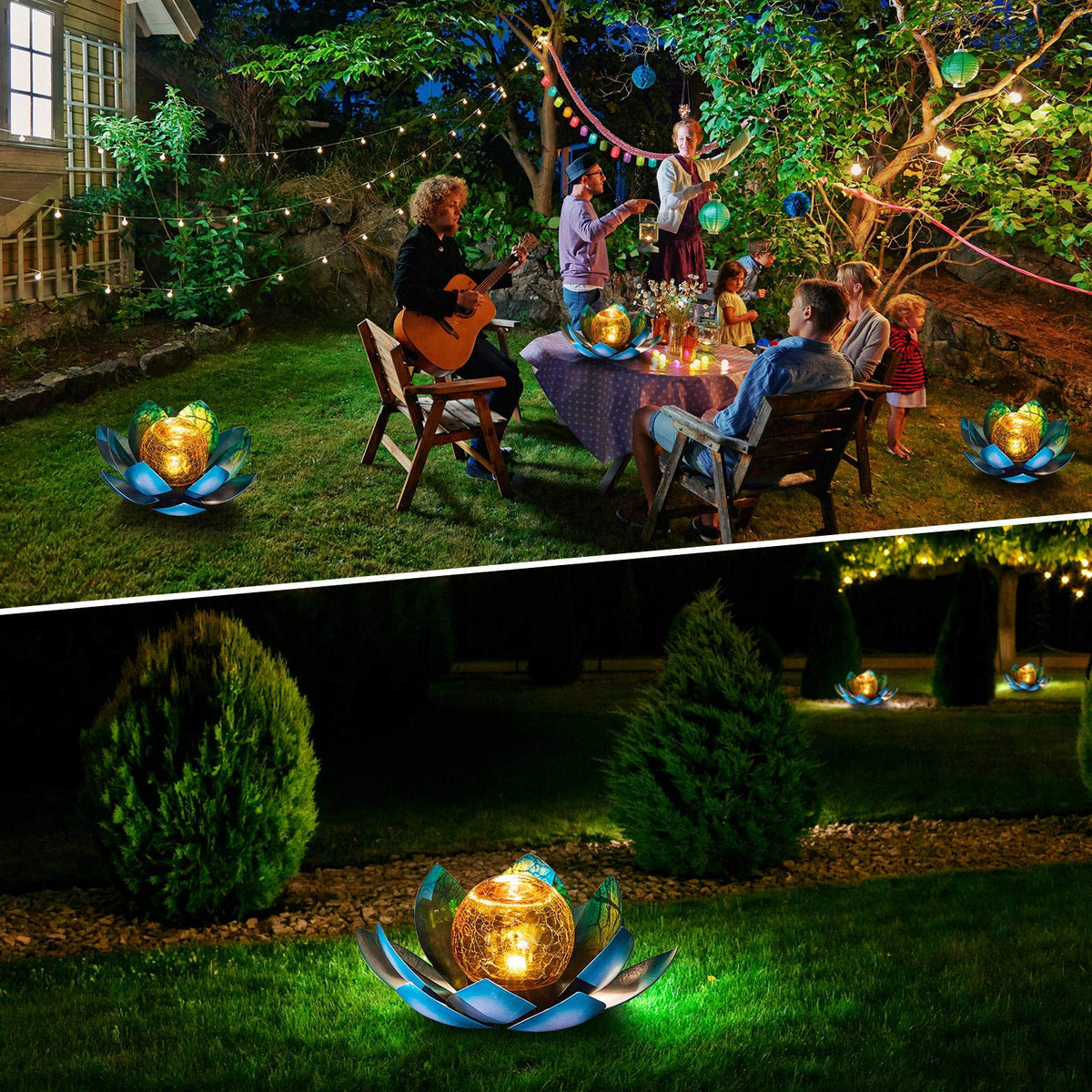 Solar Light Outdoor Garden Decor Blue Metal Crackle Globe Glass Waterproof LED Lotus Flower Table Lamp Decorations for Patio Yard Porch Pathway Ground (Blue)