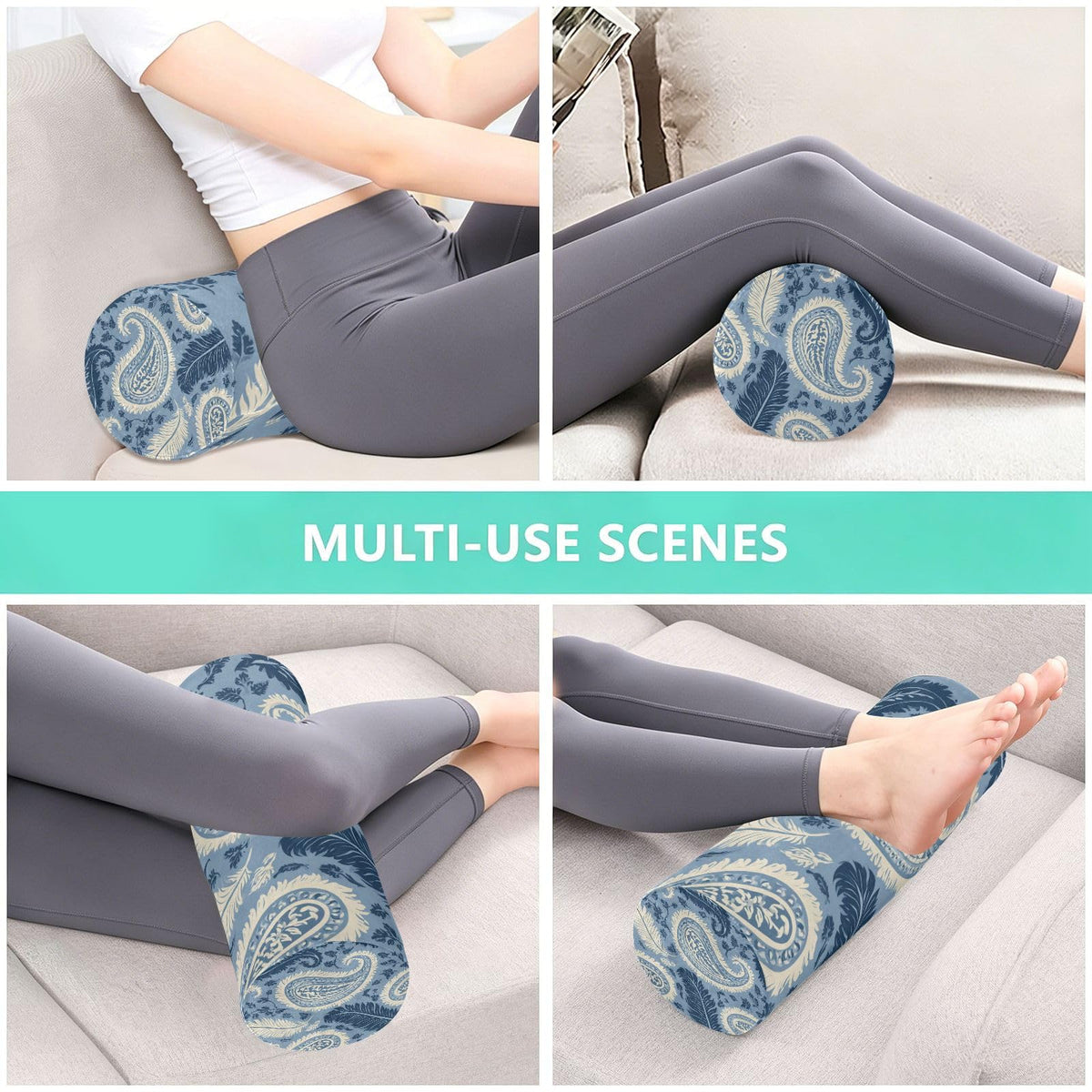 Neck Roll Pillow Bolster Round Health Memory Foam Long Cervical Cylinder Body Pillows with Removable Washable Cover for Bed Legs Back Yoga Paisley Retro Blue (Paisley 20)
