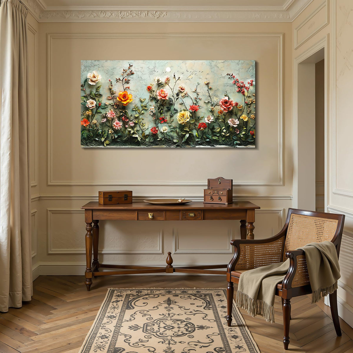 Floral Oversized Wall Art French Country Romantic Rose Retro Decor (Rose Manor / 57"L x 29"W)