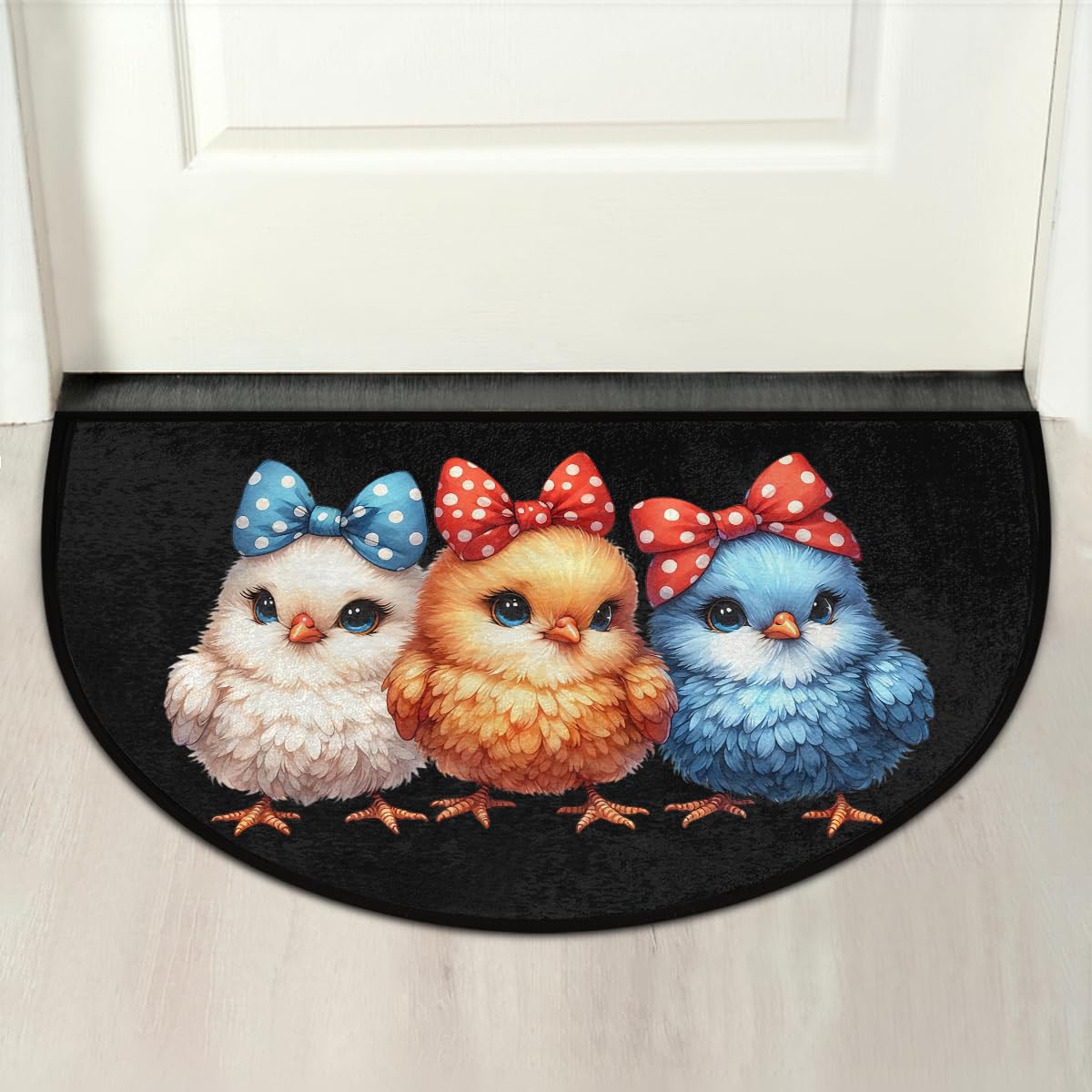 Half Round Doormat Colorful Animal Chick Washable Semi Circle Mat Non Slip Absorbent Half Moon Rugs for Indoor Outdoor Entrance Kitchen Bathroom Bedroom Patio Fireplace Floor Carpet Decor (B08:cute Chick)