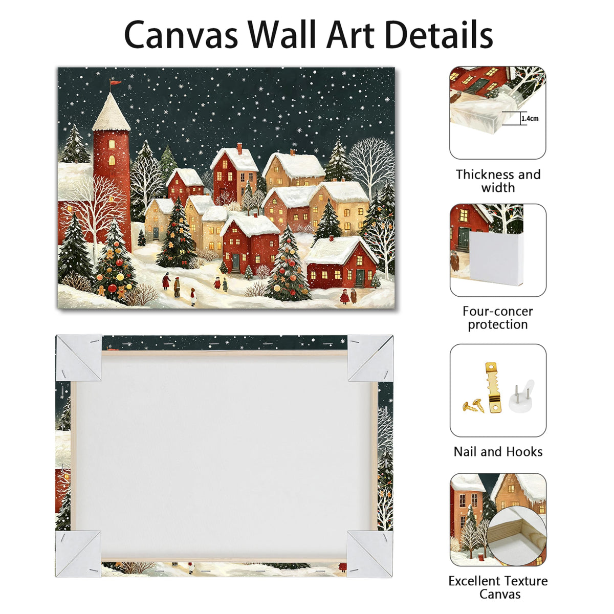 Vintage Christmas Winter Village Canvas Wall Art 12"x16" (Red Snow Town / 12"L x 16"W)