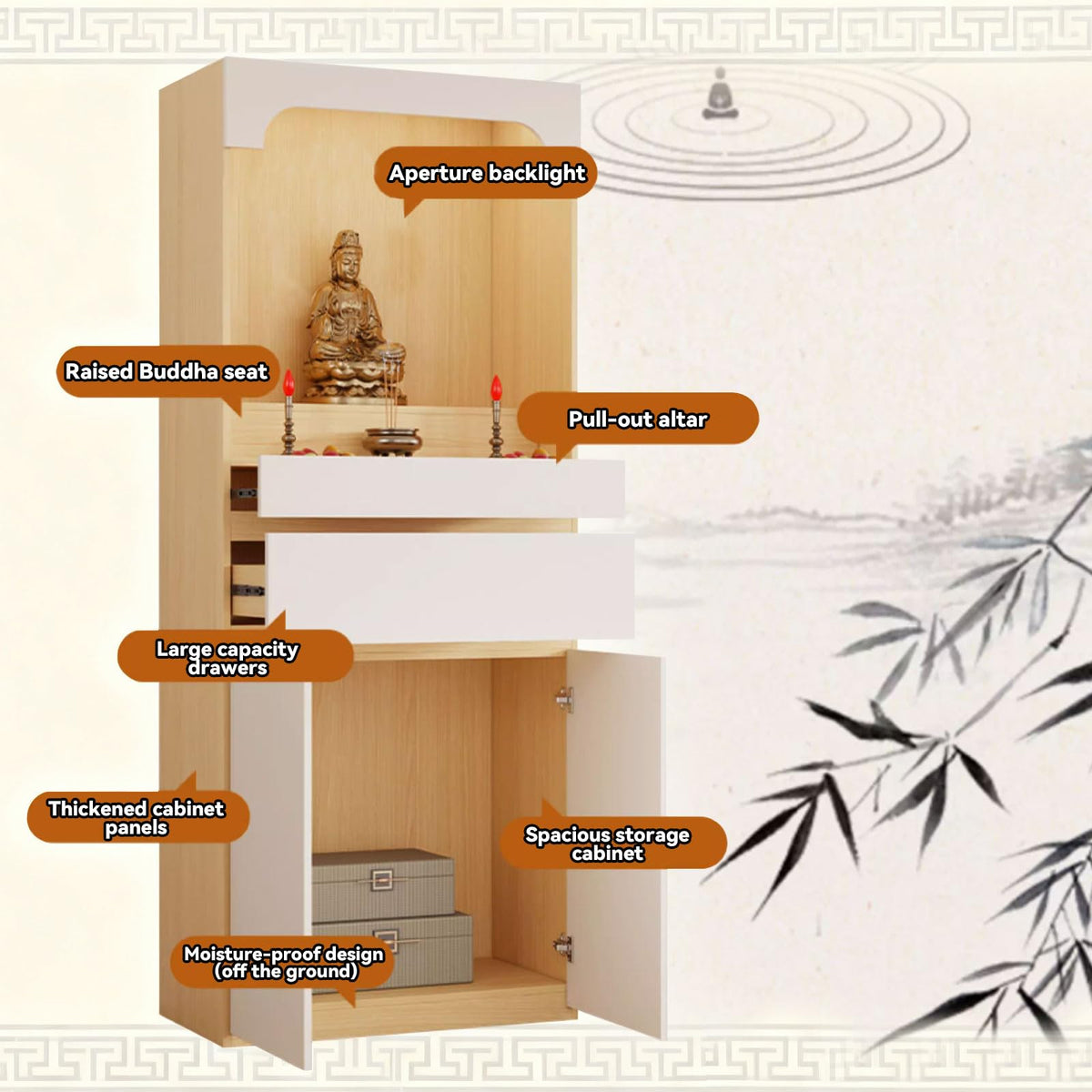 Altar Table Pooja Cabinet with Drawers and Storage Cabinets (47.2×15.7×65.4in / Beige+dark Gray Wood Tone)