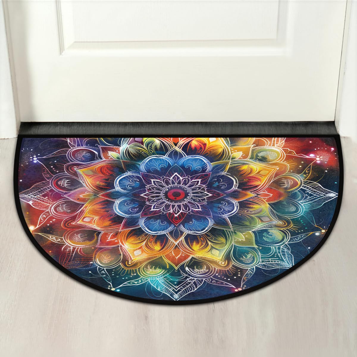 Half Round Doormat Galaxy Mandala Flower Washable Semi Circle Area Rug Non Slip Absorbent Half Moon Rug for Indoor Outdoor Bathroom Kitchen Patio Front Welcome Fireplace Hearth Floor Mat (B08:boho 10)