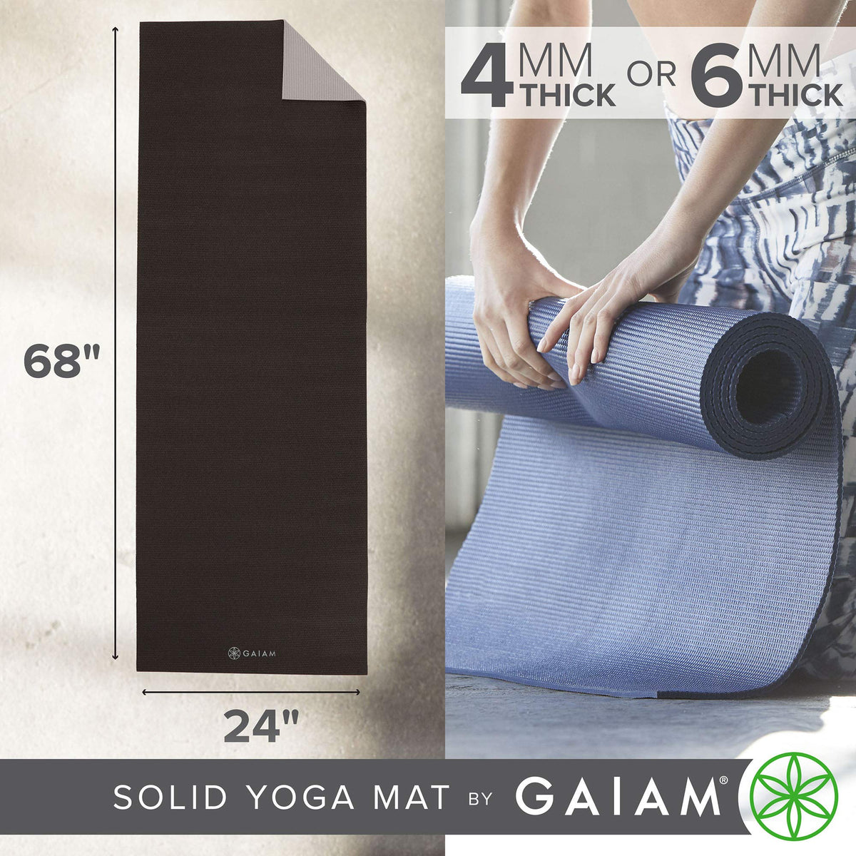 Yoga Mat Premium Solid Color Reversible Non Slip Exercise & Fitness Mat for All Types of Yoga (Granite Storm / 68"L x 24"W x 6mm Thick)