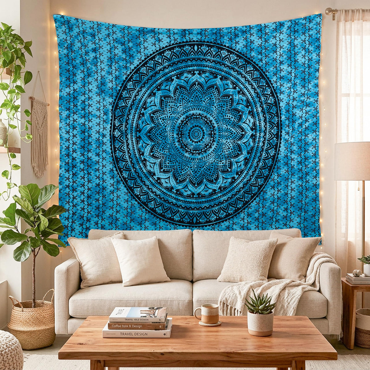 Hand Block Printed Cotton Mandala Wall Tapestry (Blue / 40"L x 30"W)