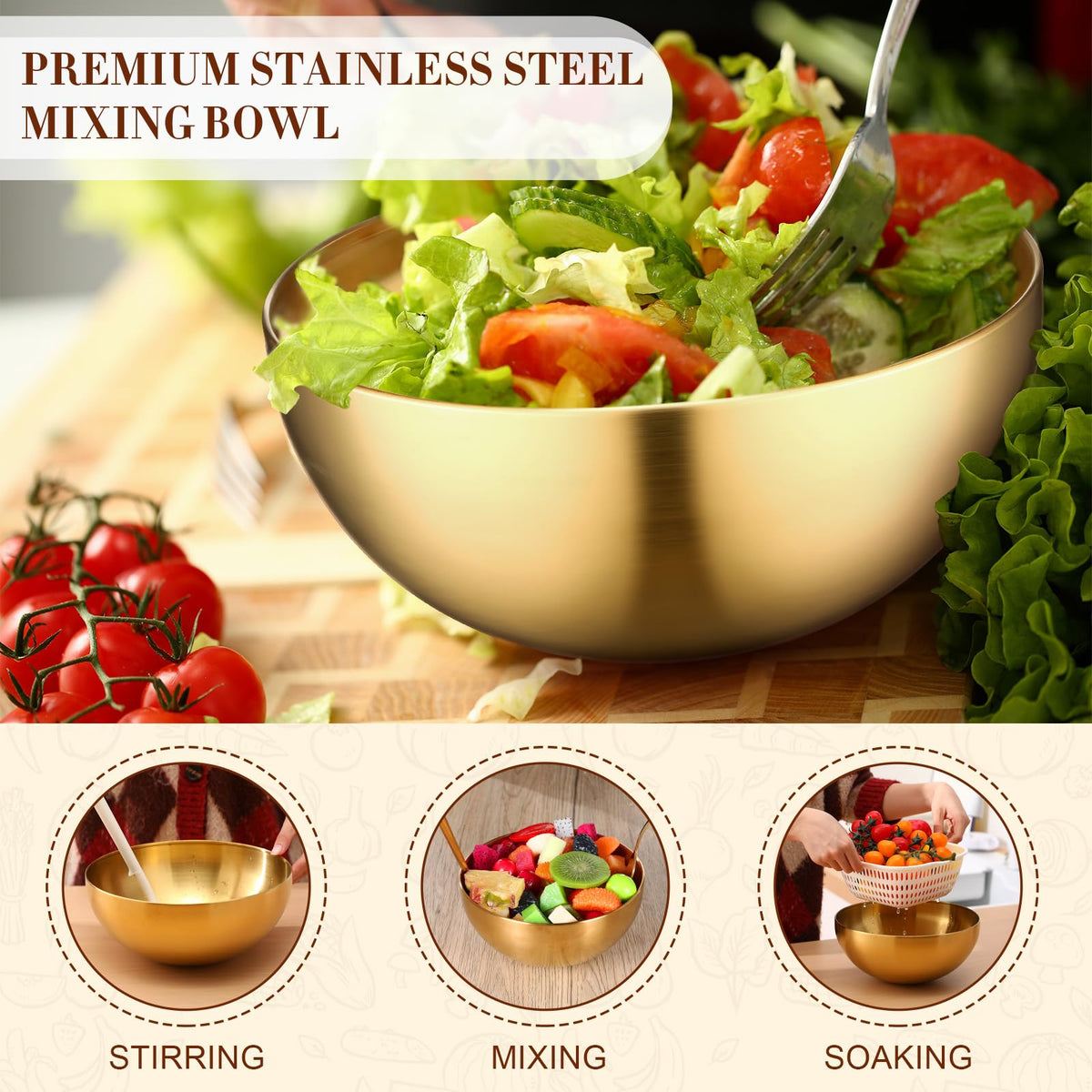 10 Pcs 9.8 Inch Gold Bowls Stainless Steel Salad Mixing Bowls (9.8 Inch / Gold)