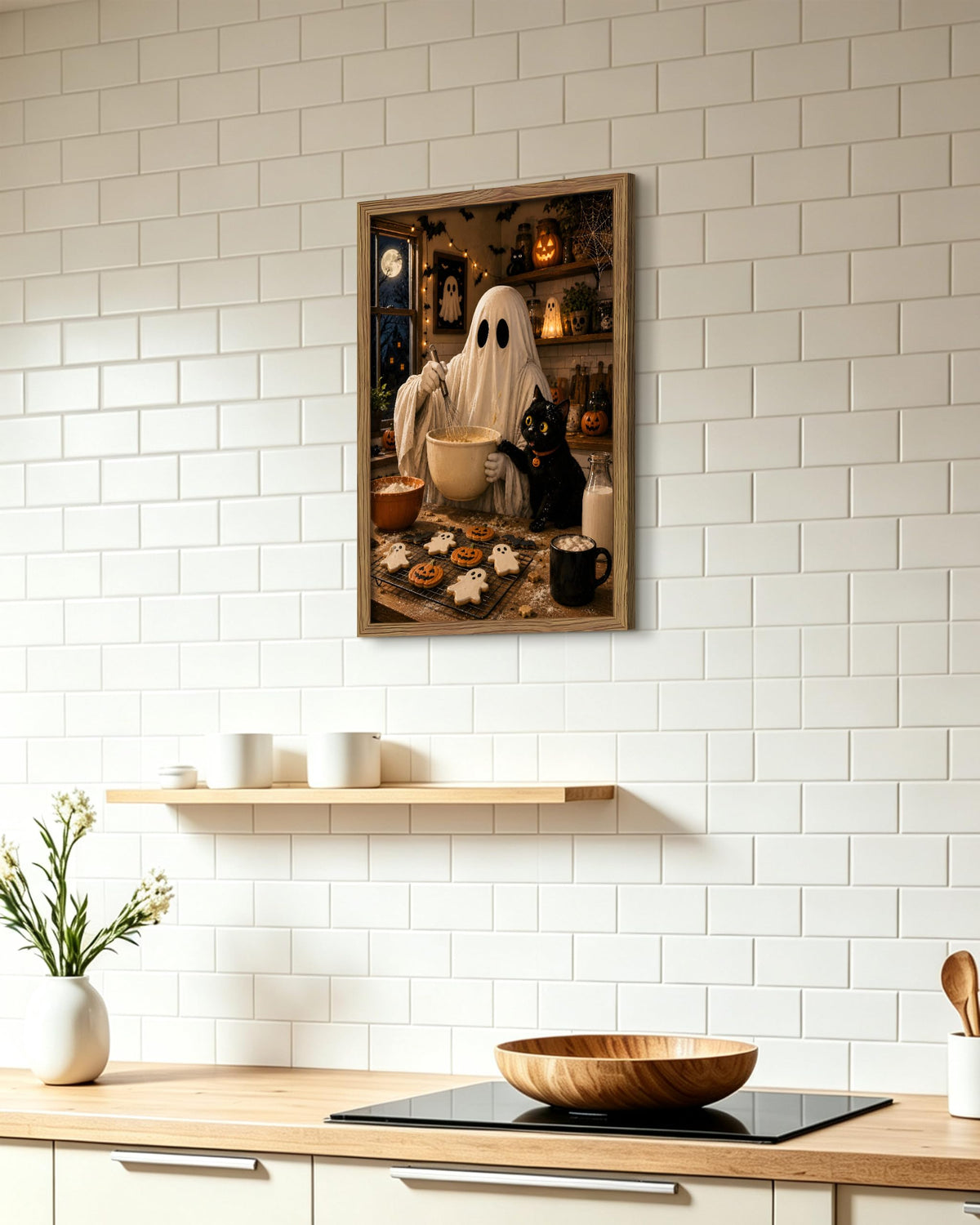 Framed Funny Halloween Kitchen Canvas Wall Art (A-Ghost Black Cat / 24"L x 16"W)